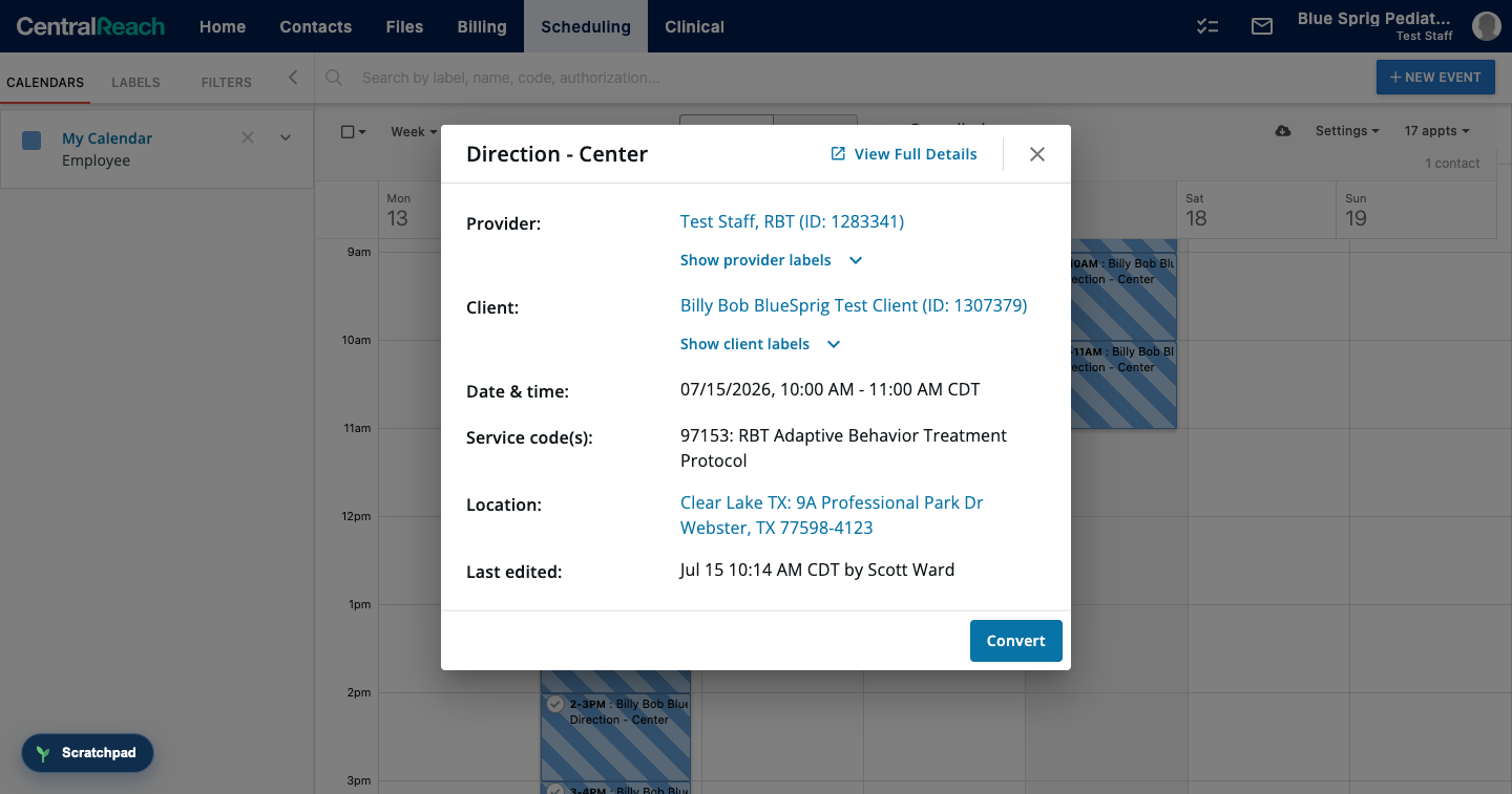 Appointment details card showing provider, client, date and time, service code and location, with a Convert button