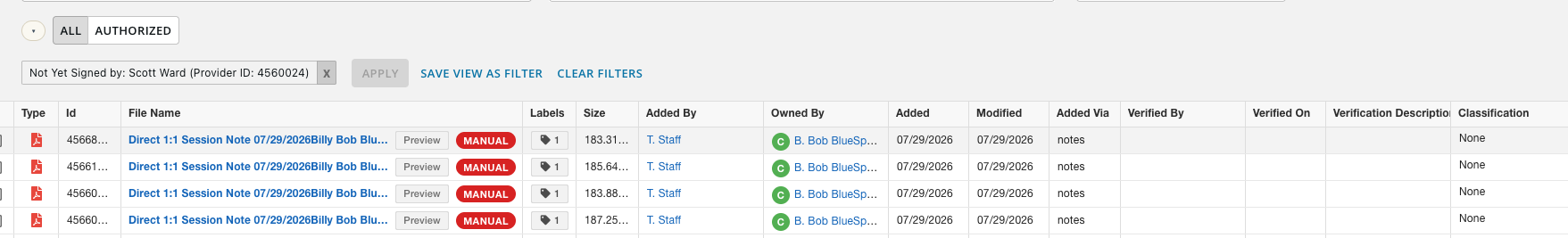The same Files page with the bar collapsed: the toolbar row is gone and the caret sits beside CR's ALL / AUTHORIZED switch