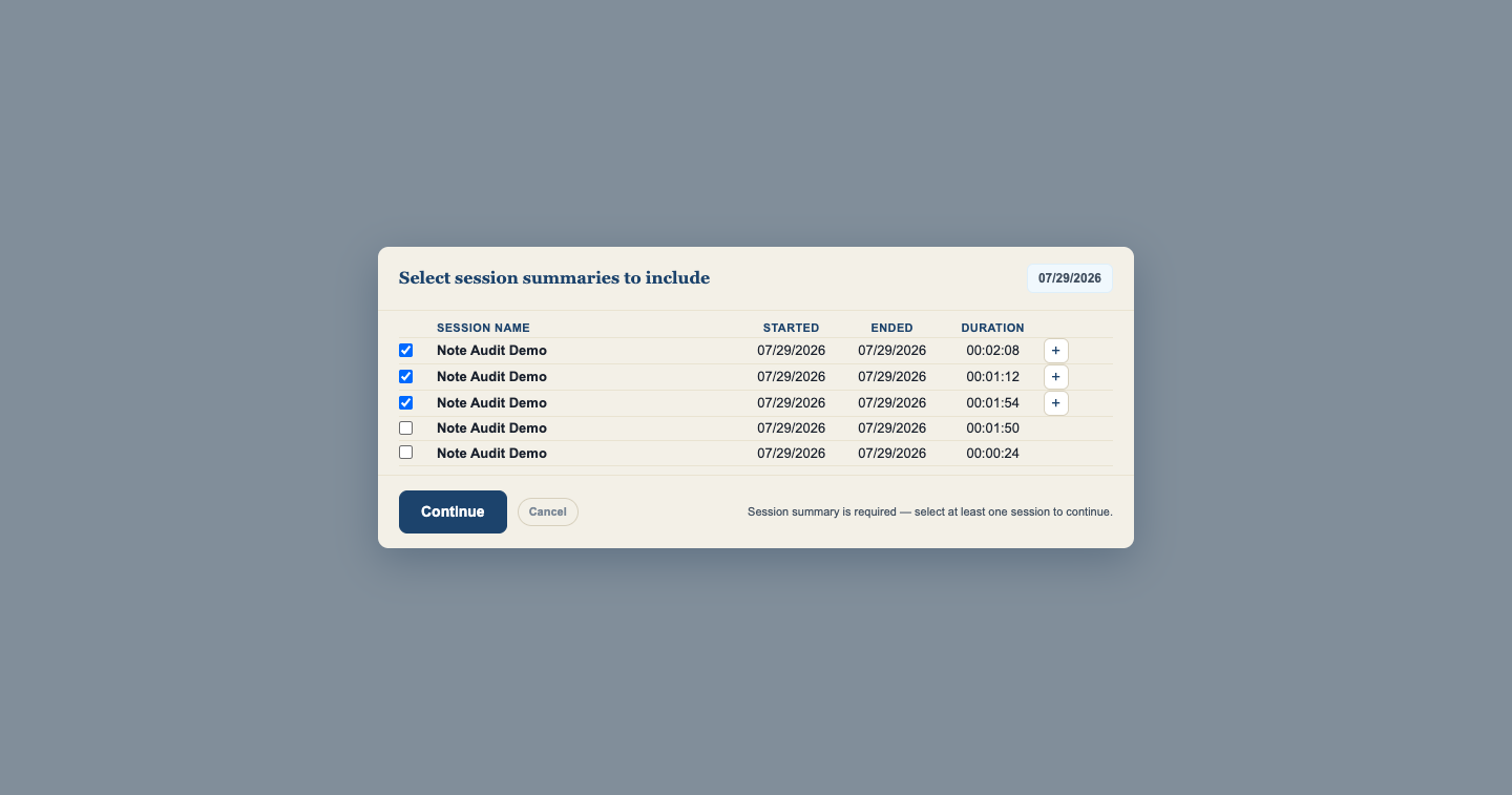 Select session summaries to include dialog with several session rows, three ticked, and a Continue button