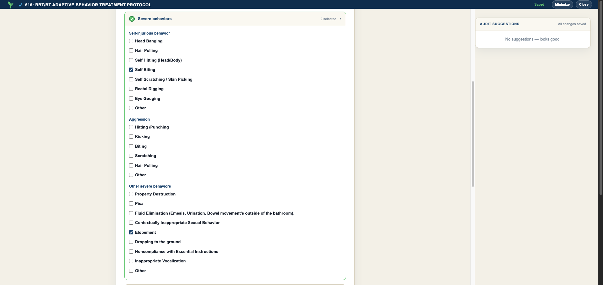 Severe behaviors section expanded showing self-injurious, aggression and other sub-groups with two boxes ticked