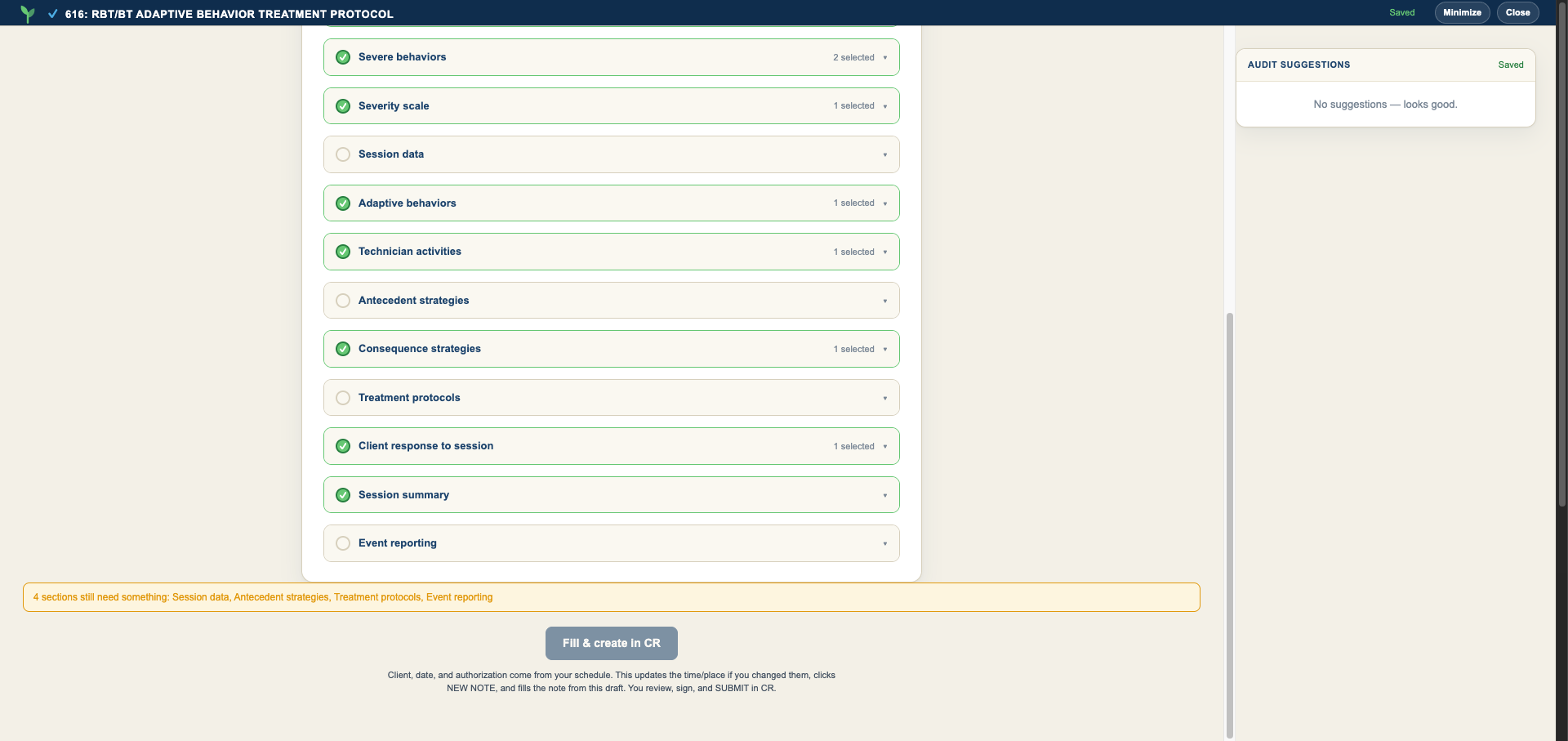 Mixed complete and incomplete sections with an amber banner naming the four remaining sections and a disabled Fill and create button