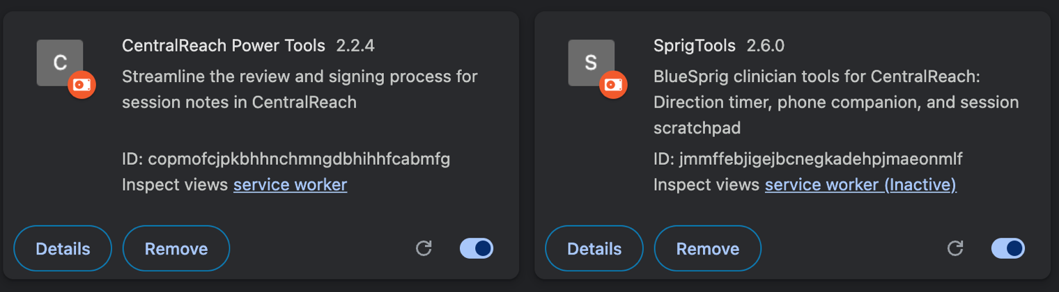 The chrome://extensions page showing two extension cards, CentralReach Power Tools and SprigTools, each with Details and Remove buttons